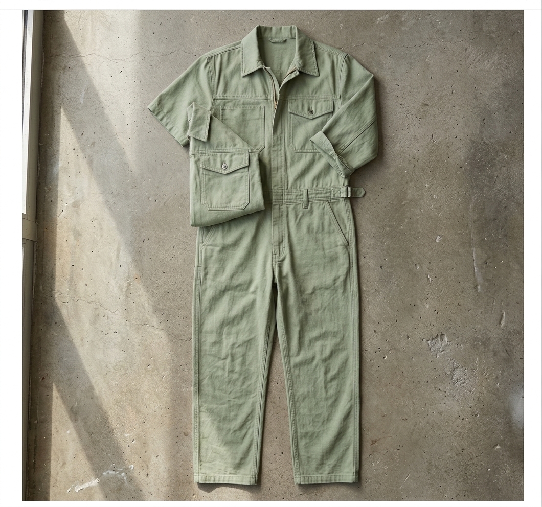 Flat lay of the Allover Suit showing the waist buckle and chest pockets.