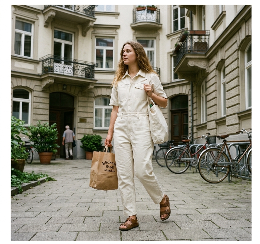 Model in the blue Allover Suit crossing a Berlin courtyard with a bakery bag.