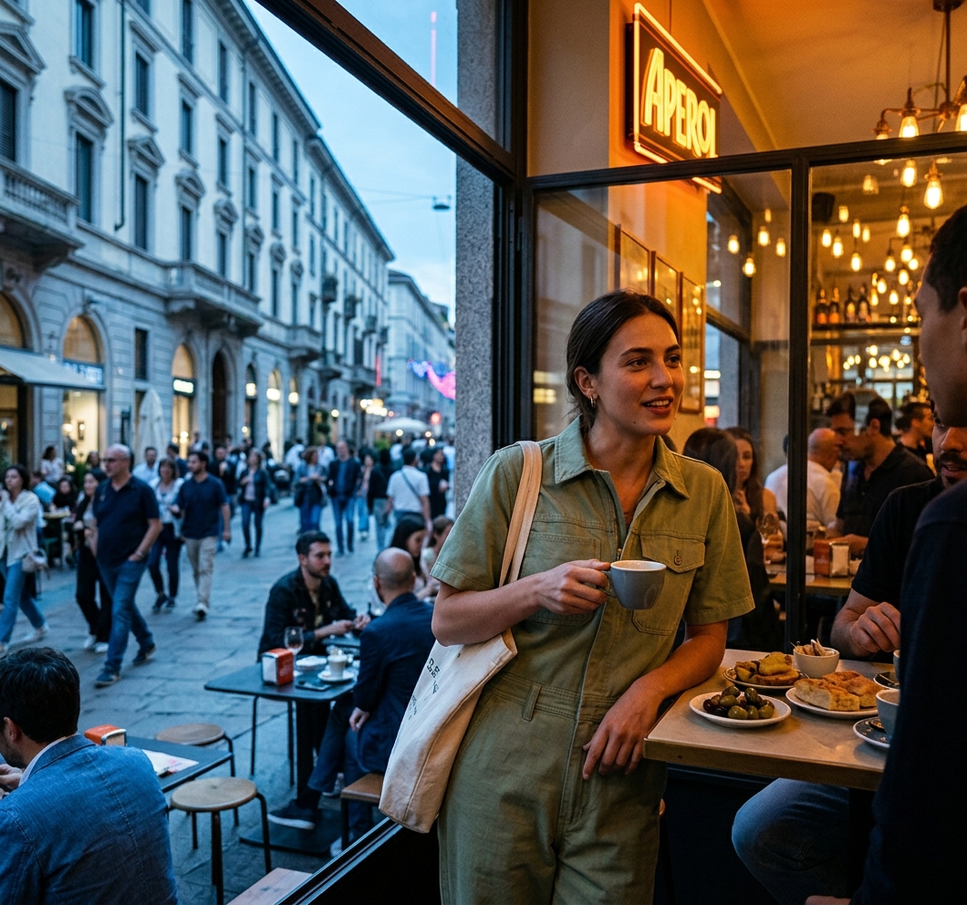 Model standing at a cafe bar with a coffee in hand.